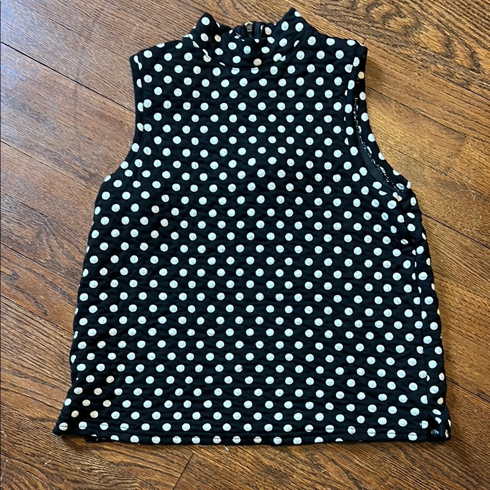 Anthropologie Black & White Sleeveless Tank Top polka dot high collar XS